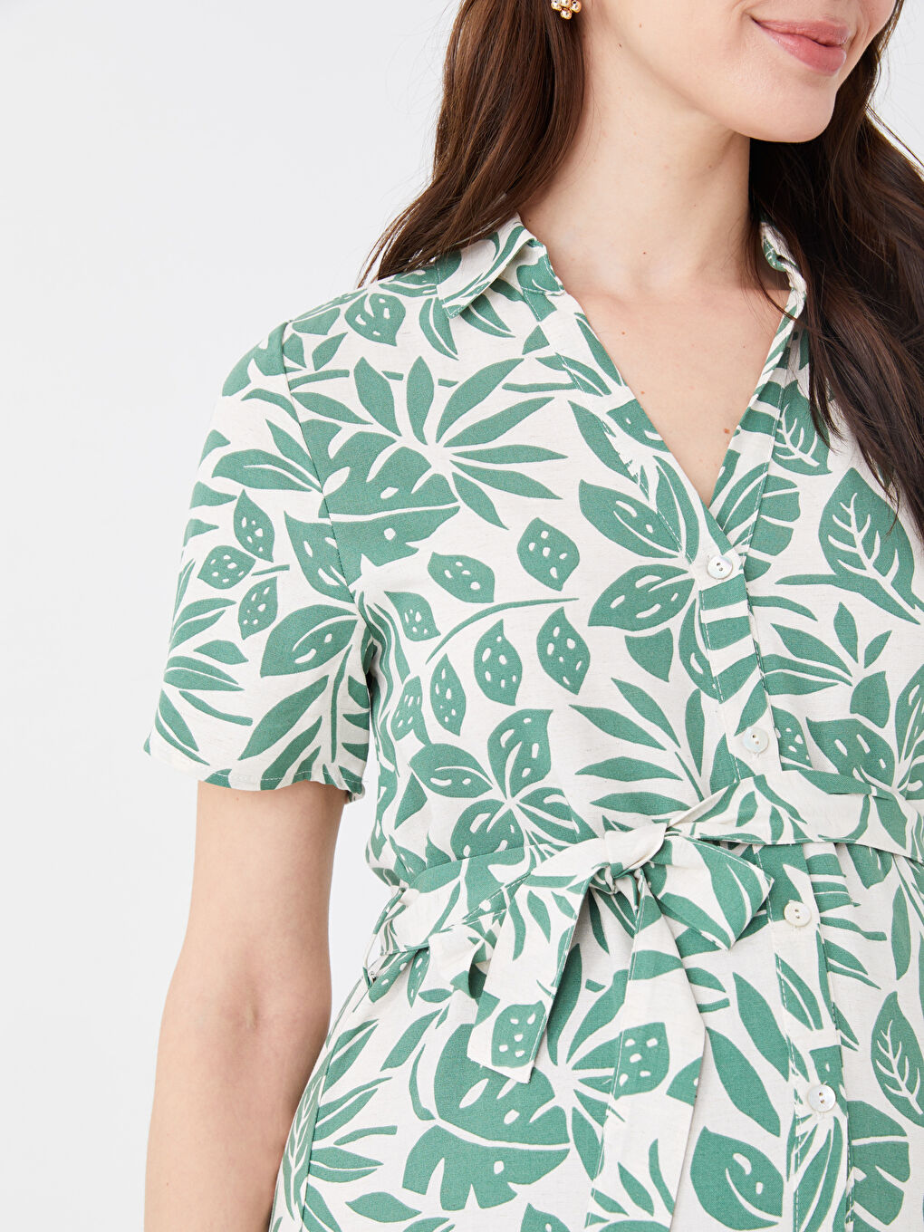 Shirt Collar Printed Short Sleeve Linen Blend Maternity Dress -S3ED38Z8-LRR