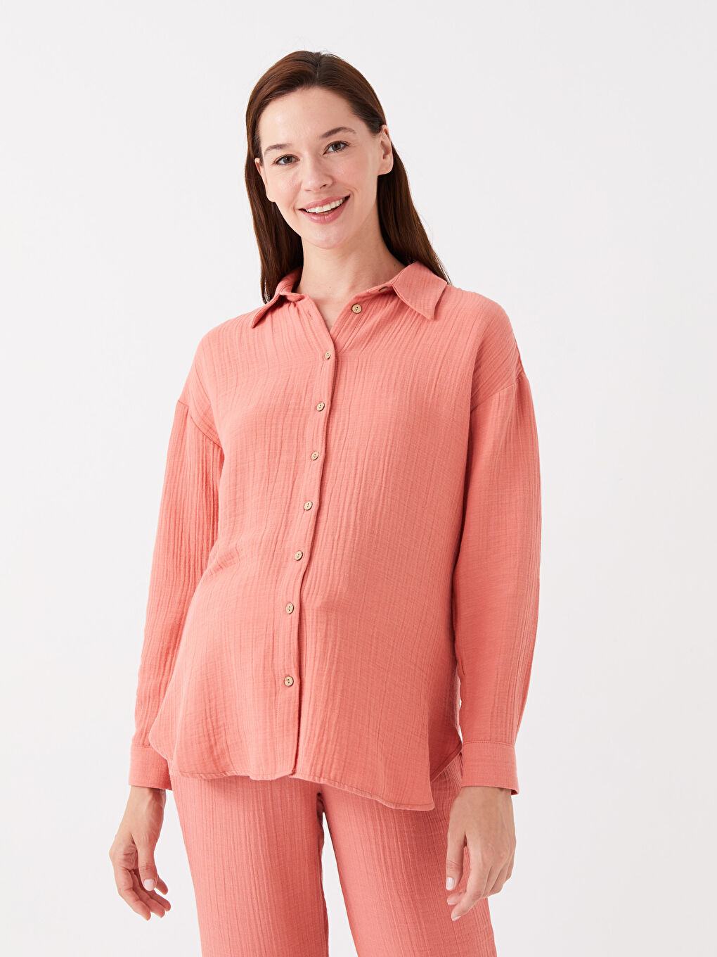 Mercan Düz Uzun Kollu Gofre Hamile Gömlek