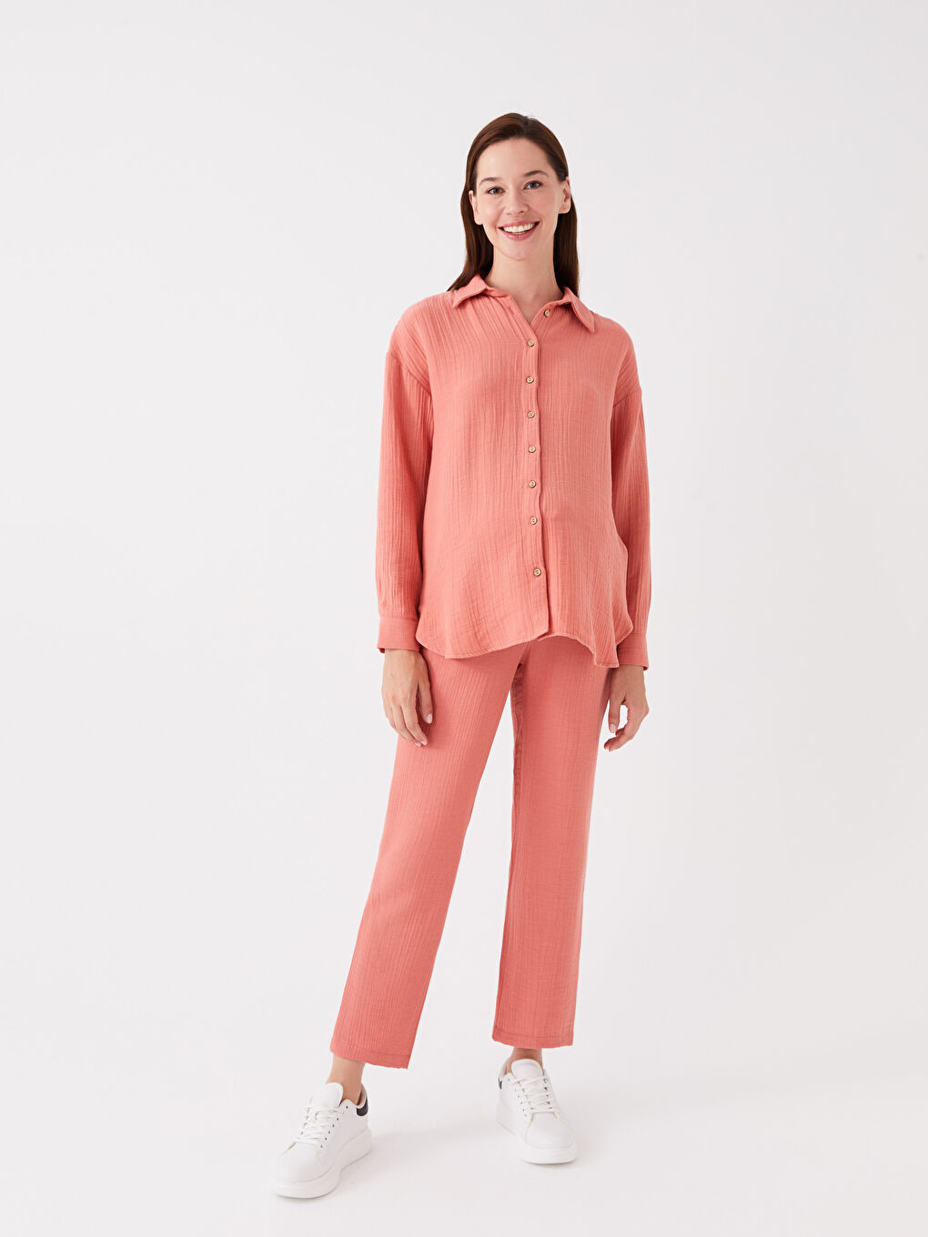 Mercan Düz Uzun Kollu Gofre Hamile Gömlek-1