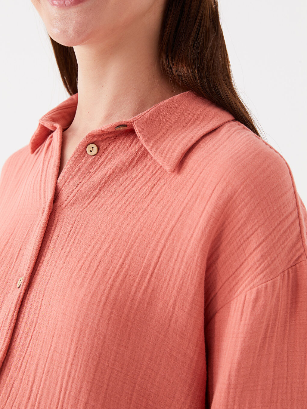 Mercan Düz Uzun Kollu Gofre Hamile Gömlek-3