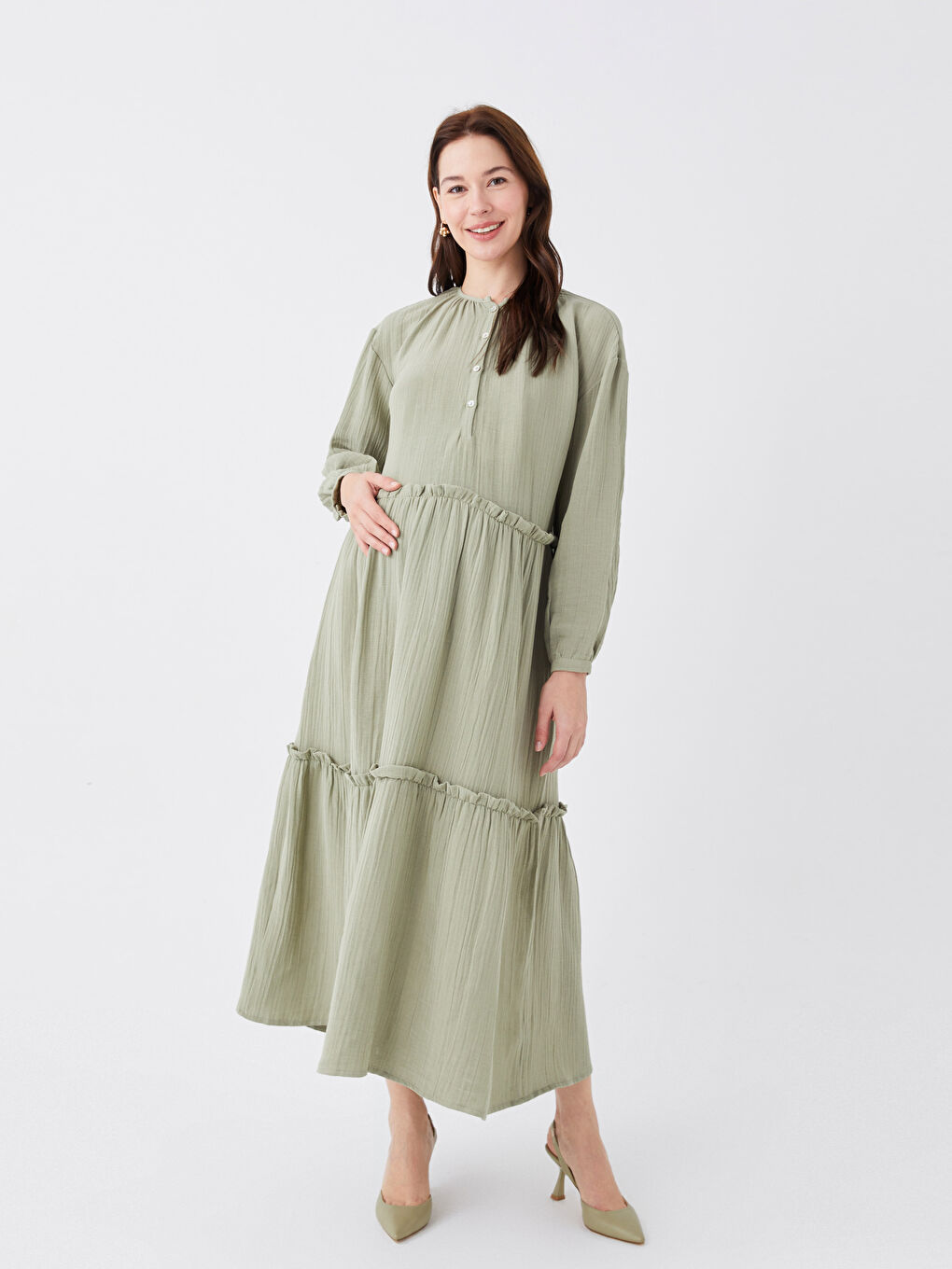 Yeşil Bisiklet Yaka Düz Uzun Kollu Müslin Hamile Elbise