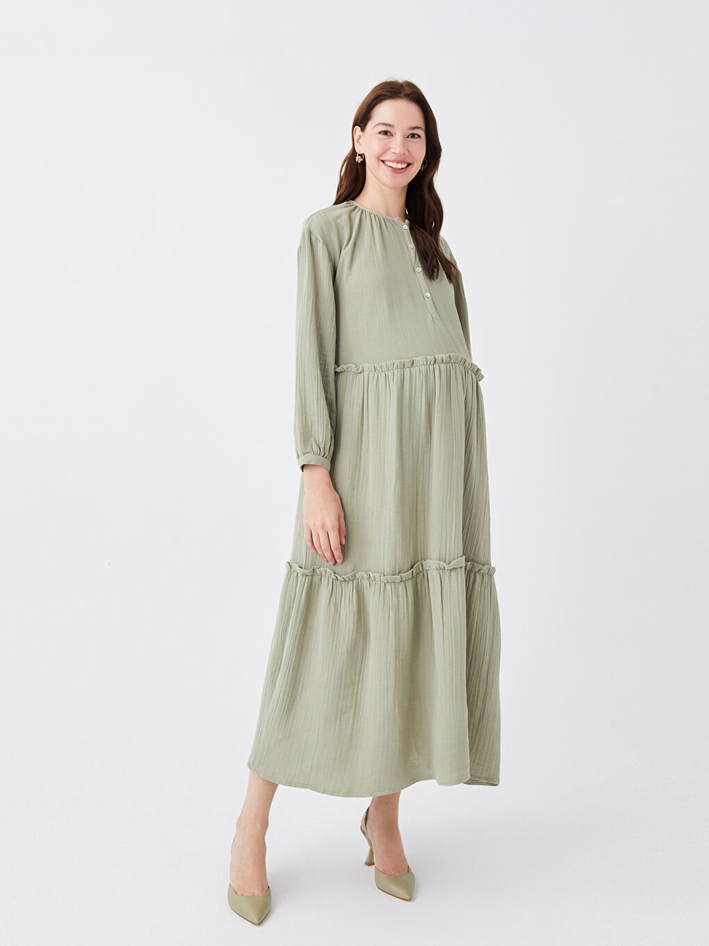 Yeşil Bisiklet Yaka Düz Uzun Kollu Müslin Hamile Elbise-1