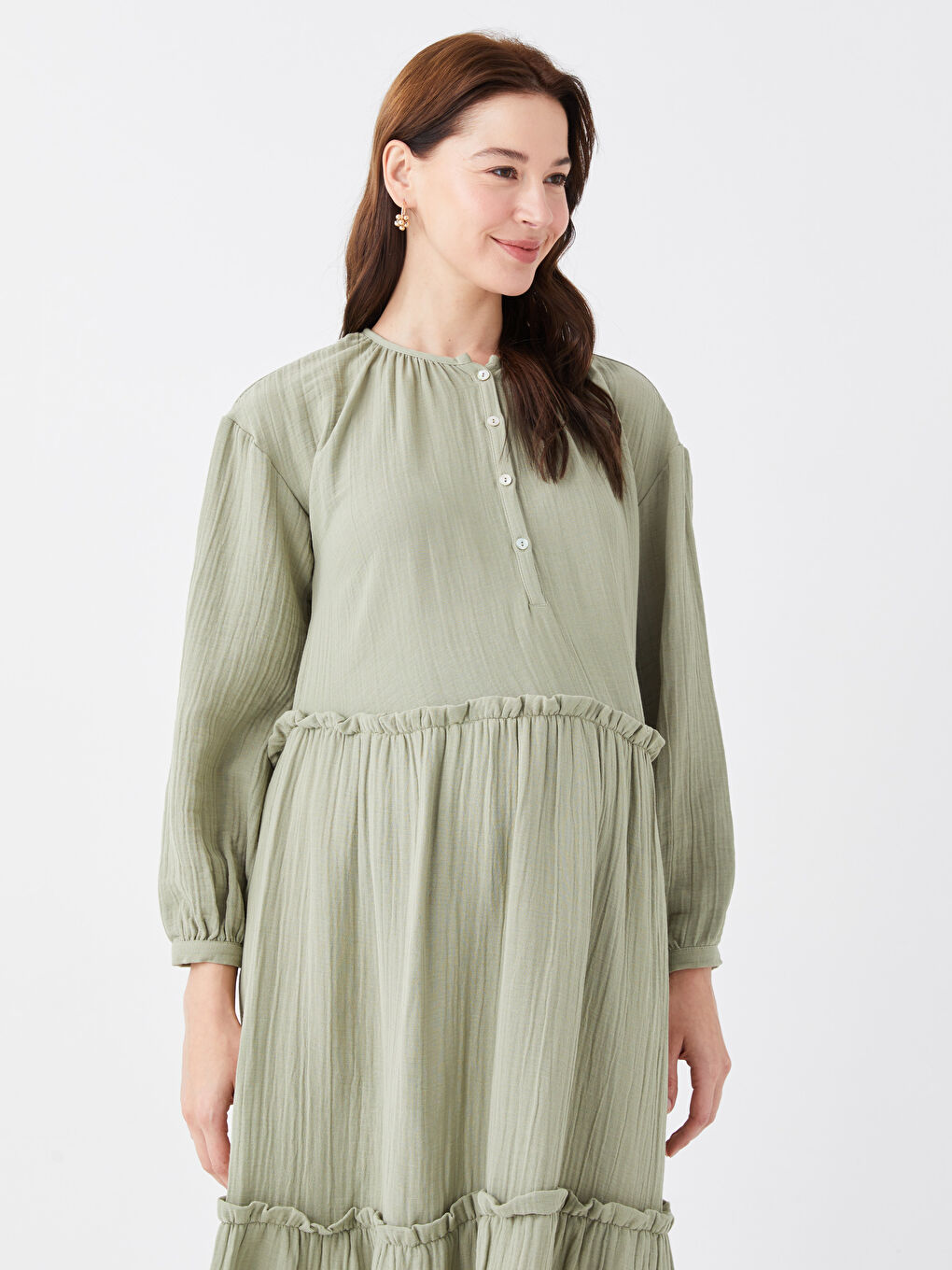 Yeşil Bisiklet Yaka Düz Uzun Kollu Müslin Hamile Elbise-2