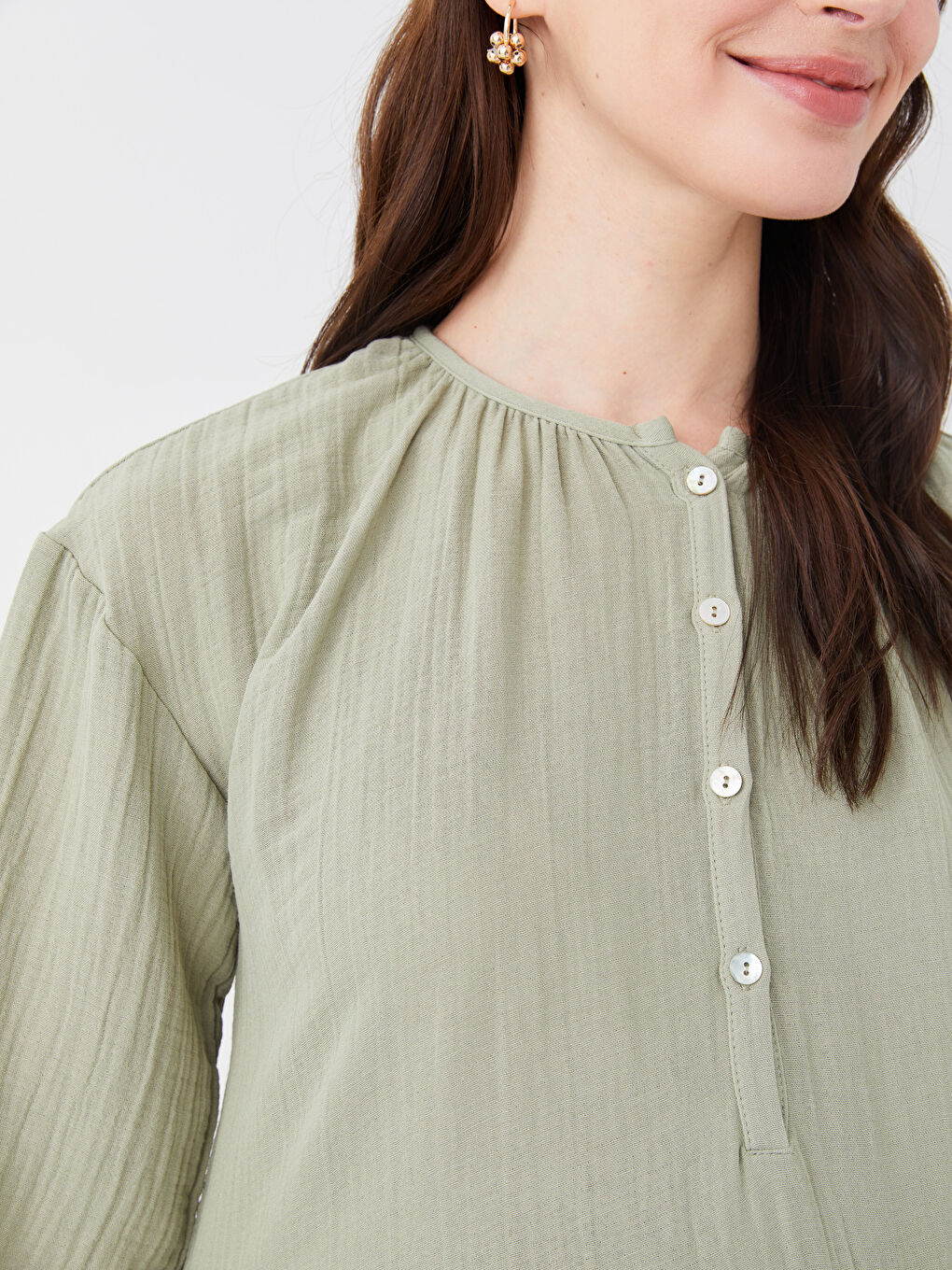 Yeşil Bisiklet Yaka Düz Uzun Kollu Müslin Hamile Elbise-3