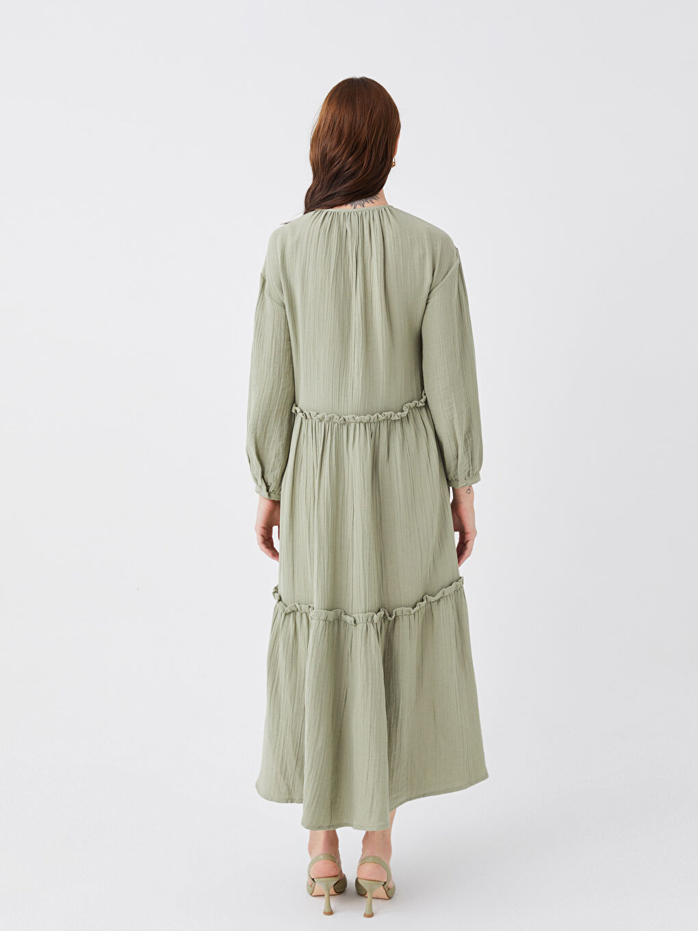 Yeşil Bisiklet Yaka Düz Uzun Kollu Müslin Hamile Elbise-4