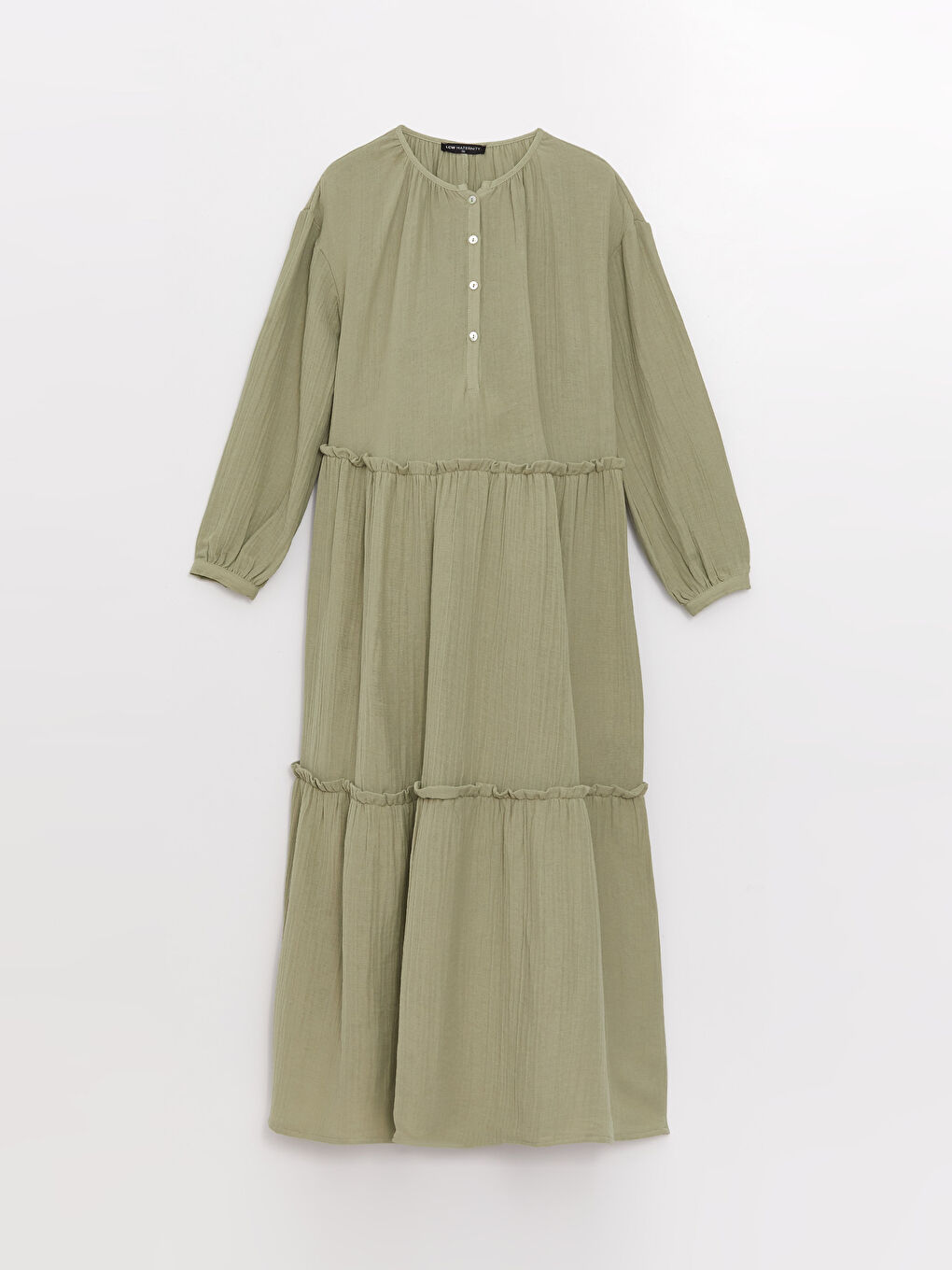 Yeşil Bisiklet Yaka Düz Uzun Kollu Müslin Hamile Elbise-5