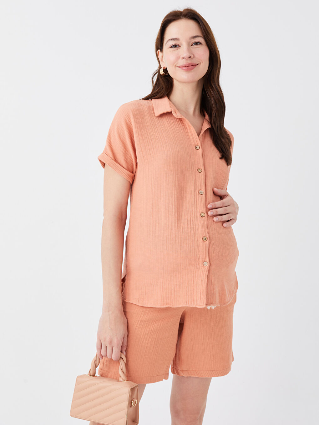 Plain Short Sleeve See-through Maternity Shirt -S3ED45Z8-GHV