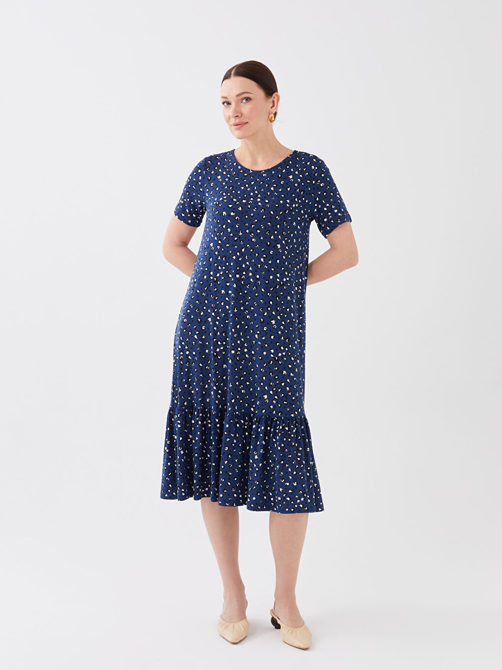 LCW Grace Crew Neck Patterned Short Sleeve A-Cut Women's Dress -S3ED58Z8-LS3