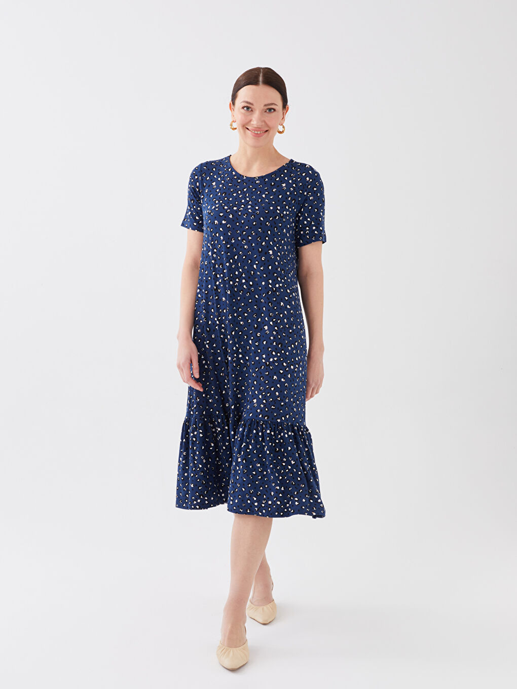 LCW Grace Crew Neck Patterned Short Sleeve A-Cut Women's Dress -S3ED58Z8-LS3