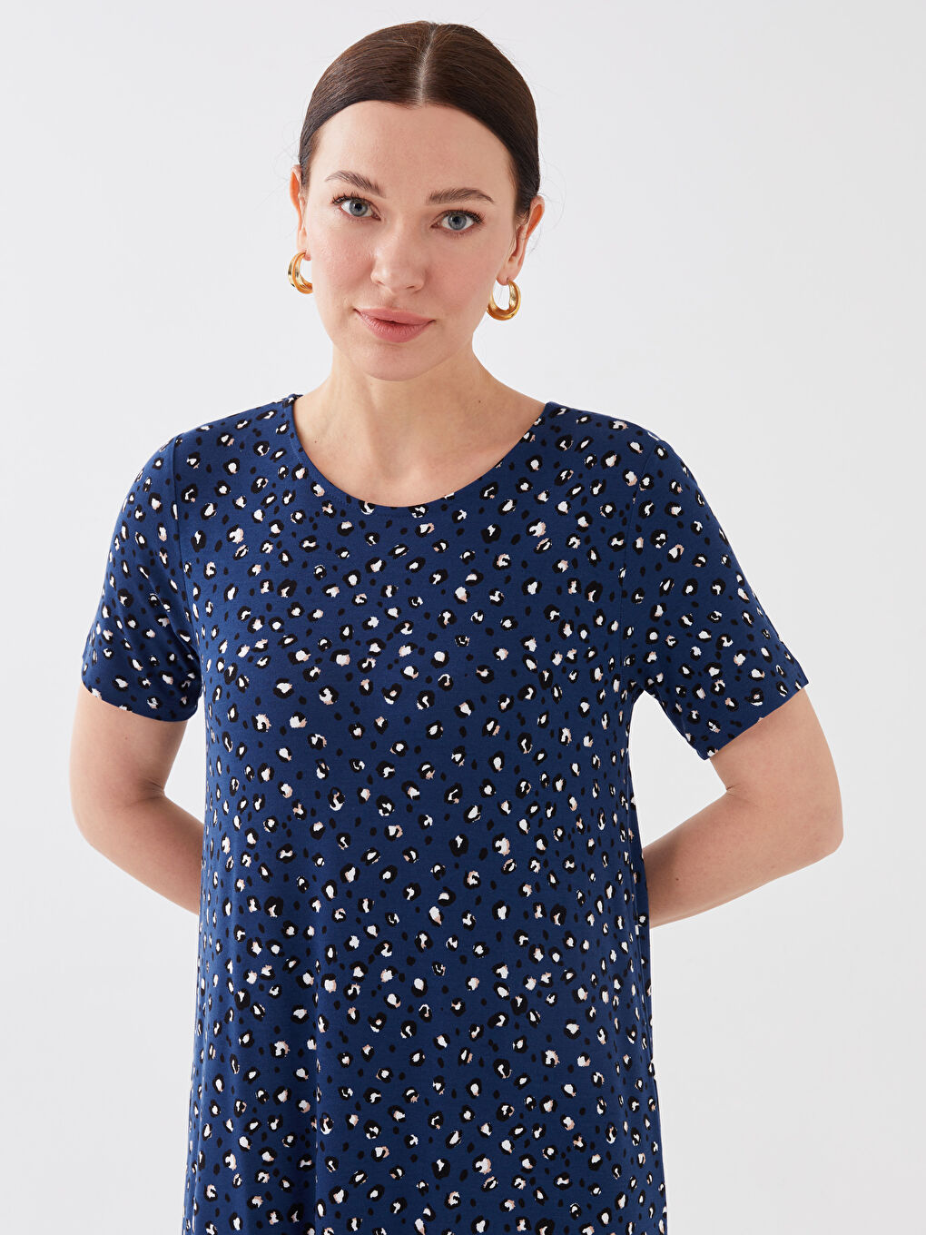 LCW Grace Crew Neck Patterned Short Sleeve A-Cut Women's Dress -S3ED58Z8-LS3