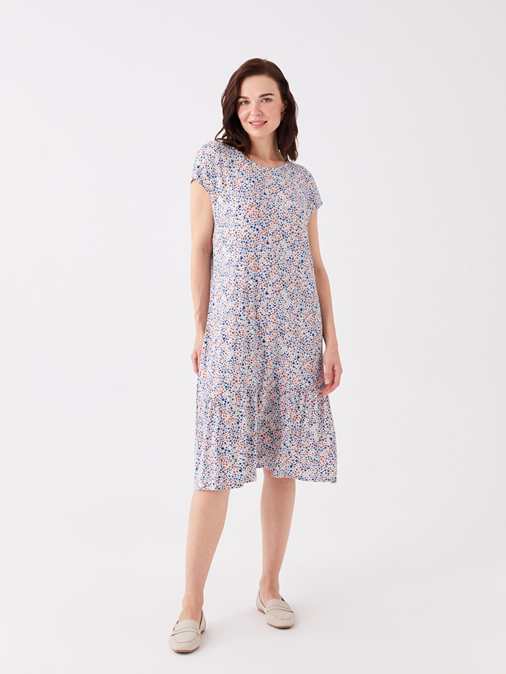 Karışık Bisiklet Yaka Desenli Kısa Kollu A Kesim Kadın Elbise