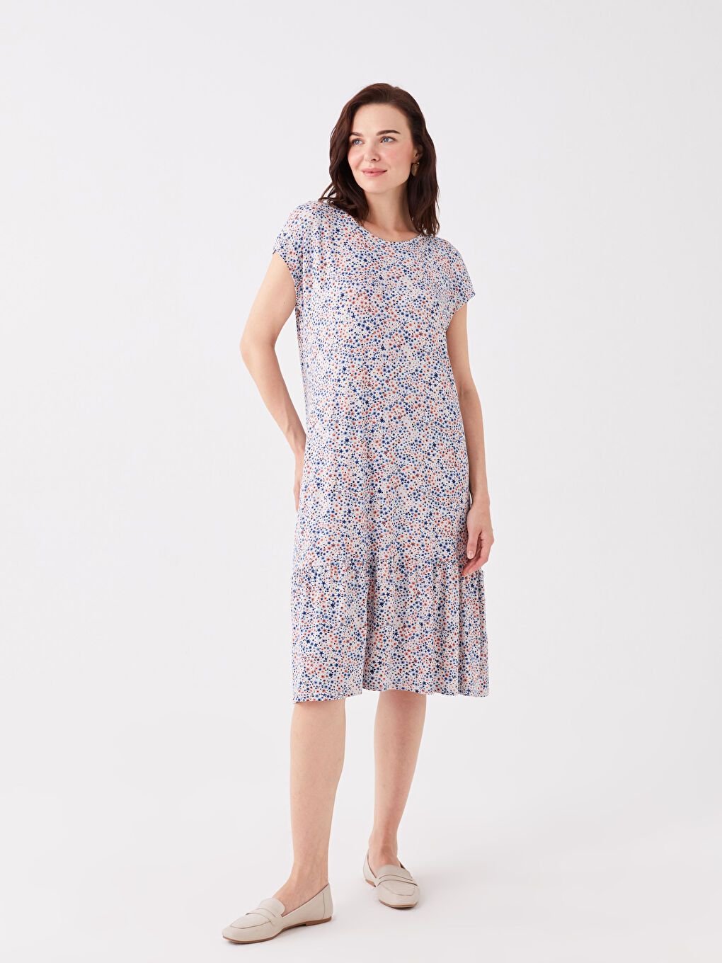 Karışık Bisiklet Yaka Desenli Kısa Kollu A Kesim Kadın Elbise-1