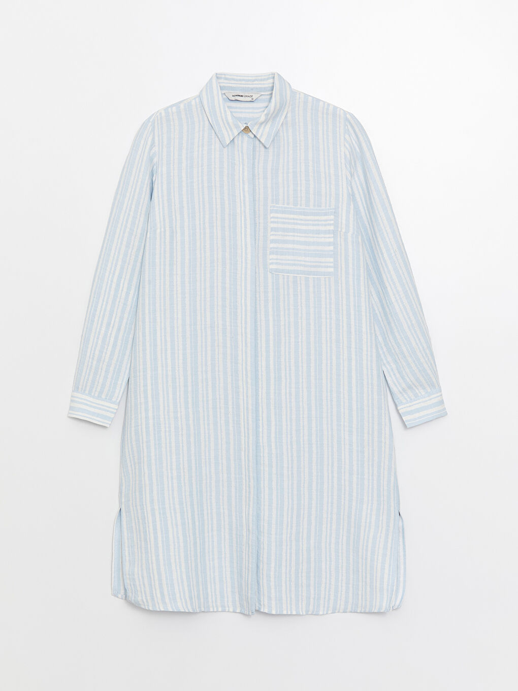 İndigo Çizgili Keten Karışımlı Kadın Gömlek Tunik-5