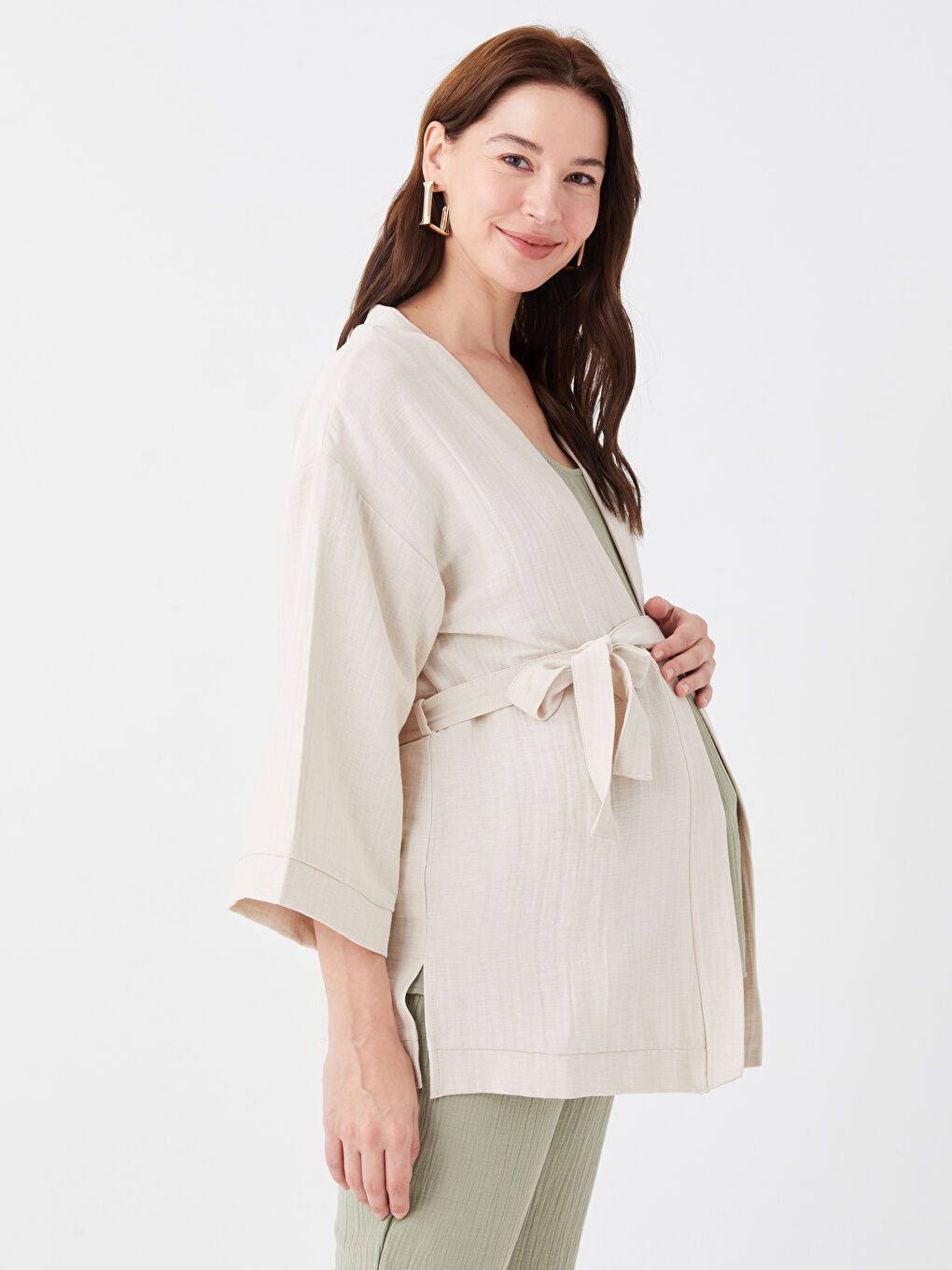 შალის საყელო სწორი გრძელმკლავიანი გამჭვირვალე ორსულობის კიმონო-2