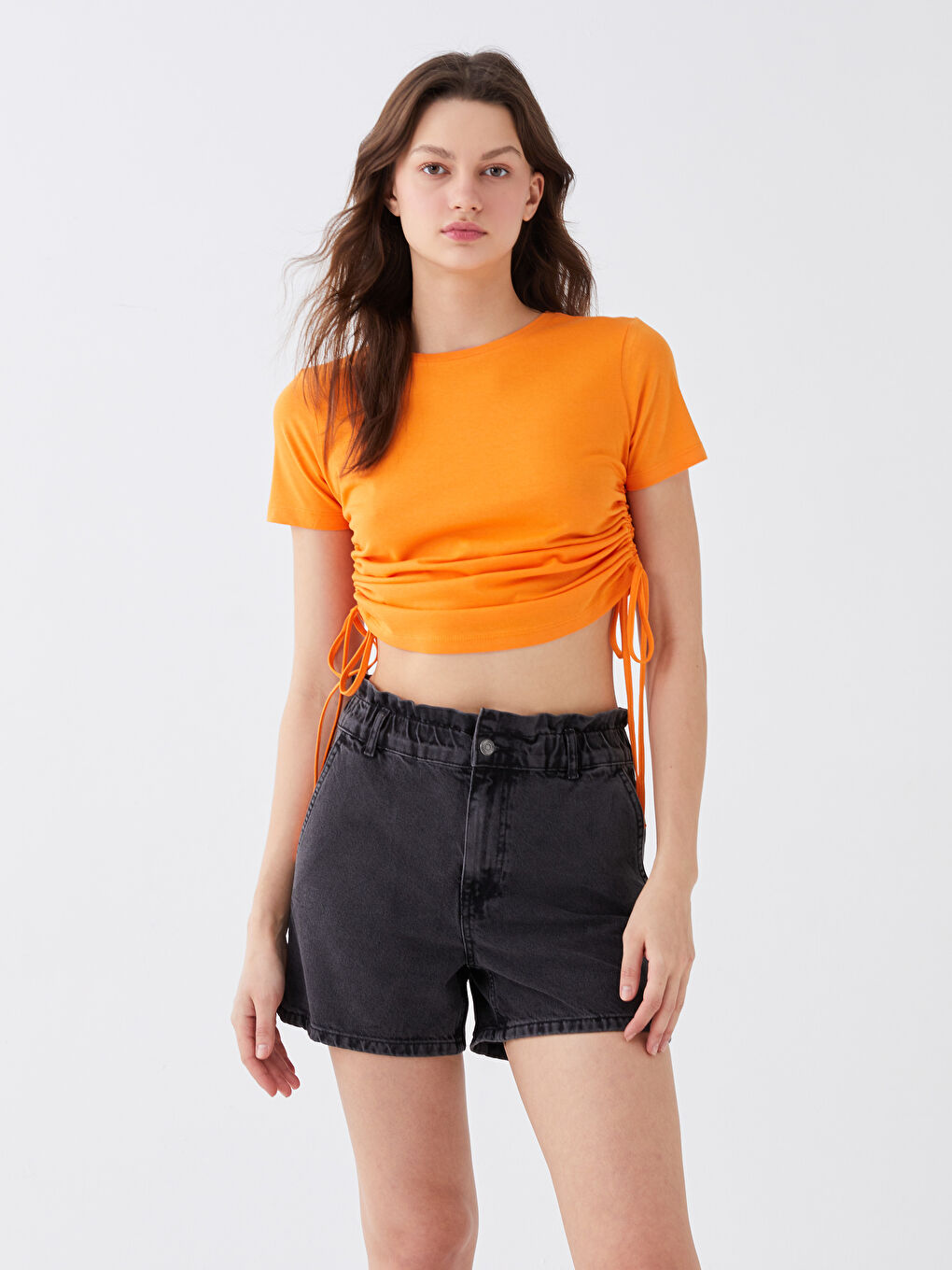 Crop Top Damă Simplu cu Mânecă Scurtă și Guler Rotund-1
