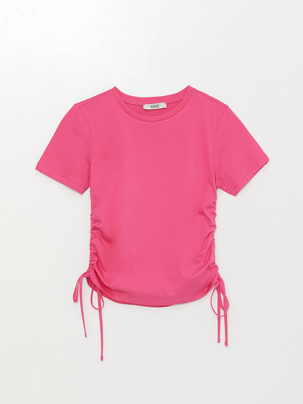 Fuşya Bisiklet Yaka Düz Kısa Kollu Kadın Crop-5