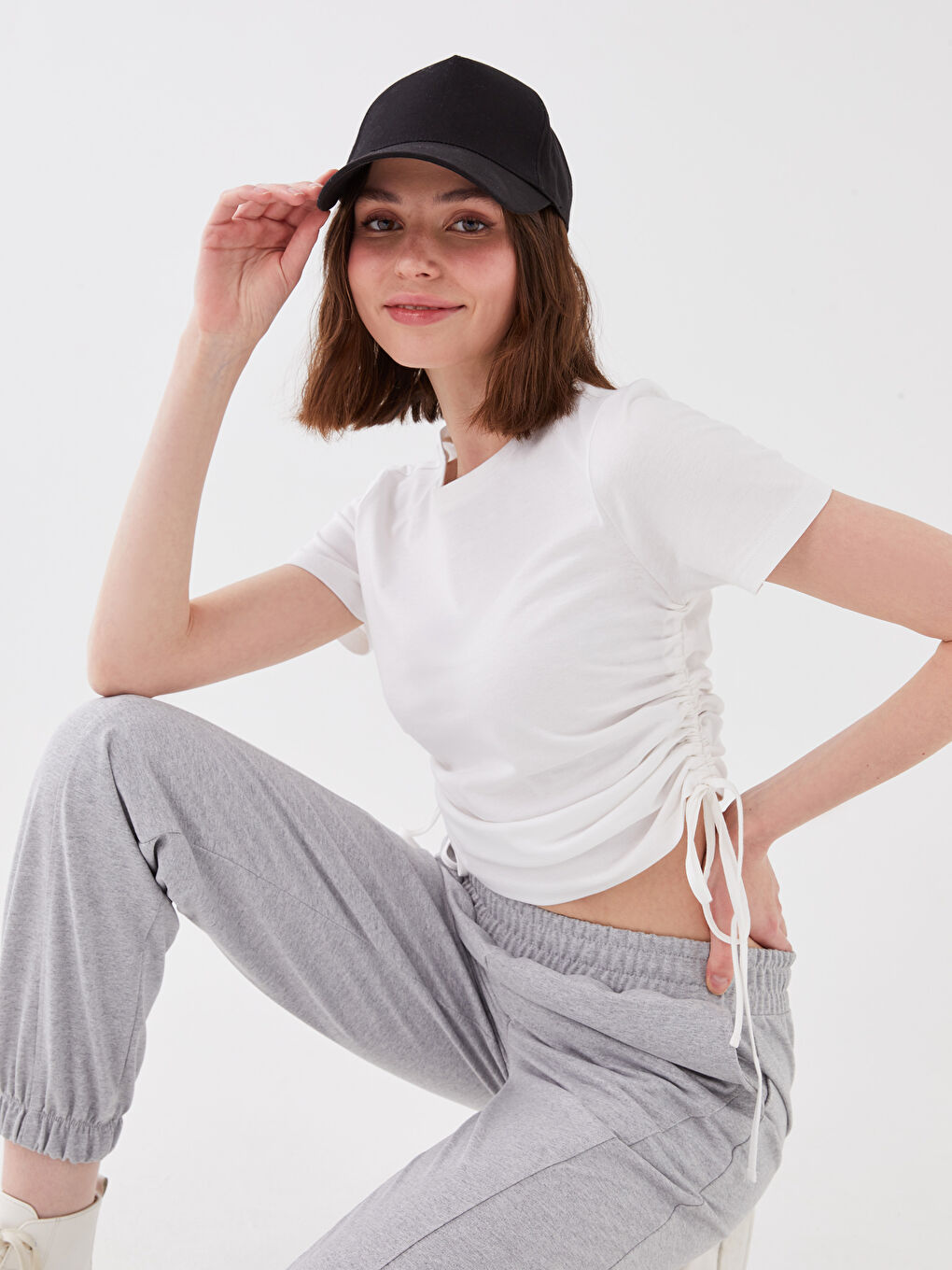 Crop Top Damă Simplu cu Mânecă Scurtă și Guler Rotund