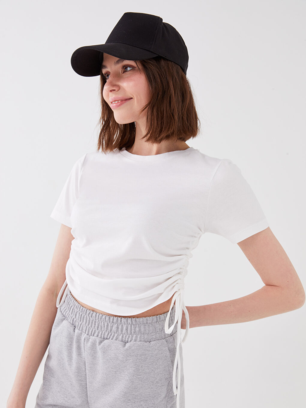 Crop Top Damă Simplu cu Mânecă Scurtă și Guler Rotund-1