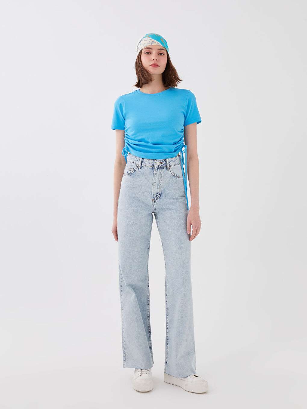 Mavi Bisiklet Yaka Düz Kısa Kollu Kadın Crop-2