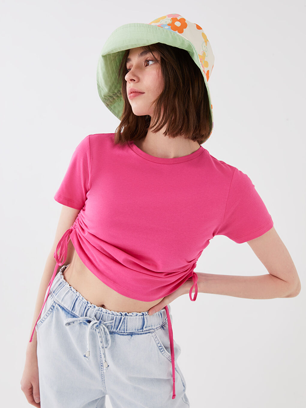 Fuşya Bisiklet Yaka Düz Kısa Kollu Kadın Crop