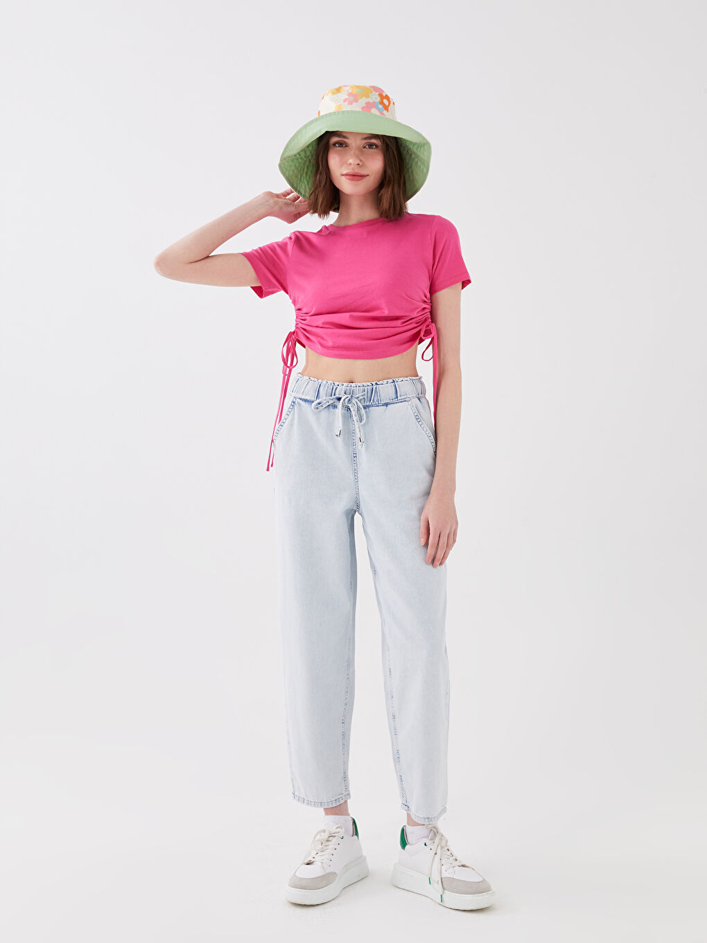 Fuşya Bisiklet Yaka Düz Kısa Kollu Kadın Crop-2