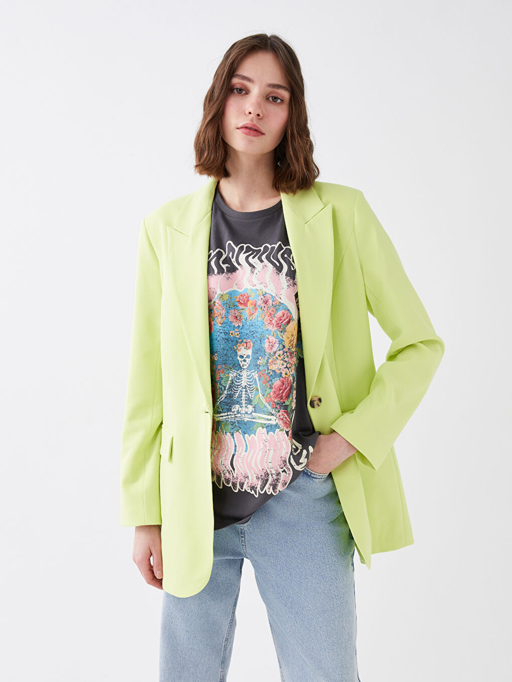 Yeşil Düz Uzun Kollu Kadın Blazer Ceket-1