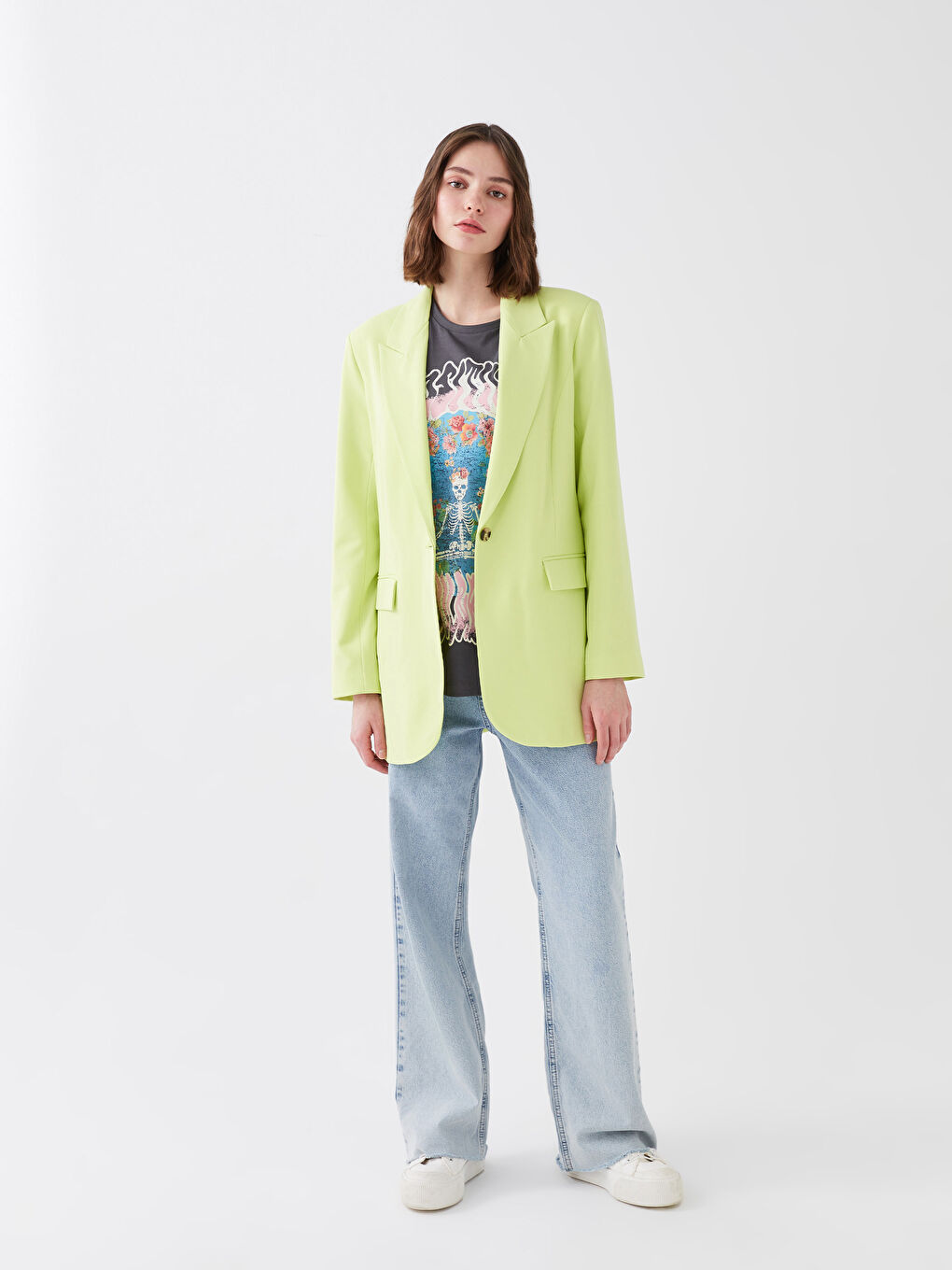 Yeşil Düz Uzun Kollu Kadın Blazer Ceket-3