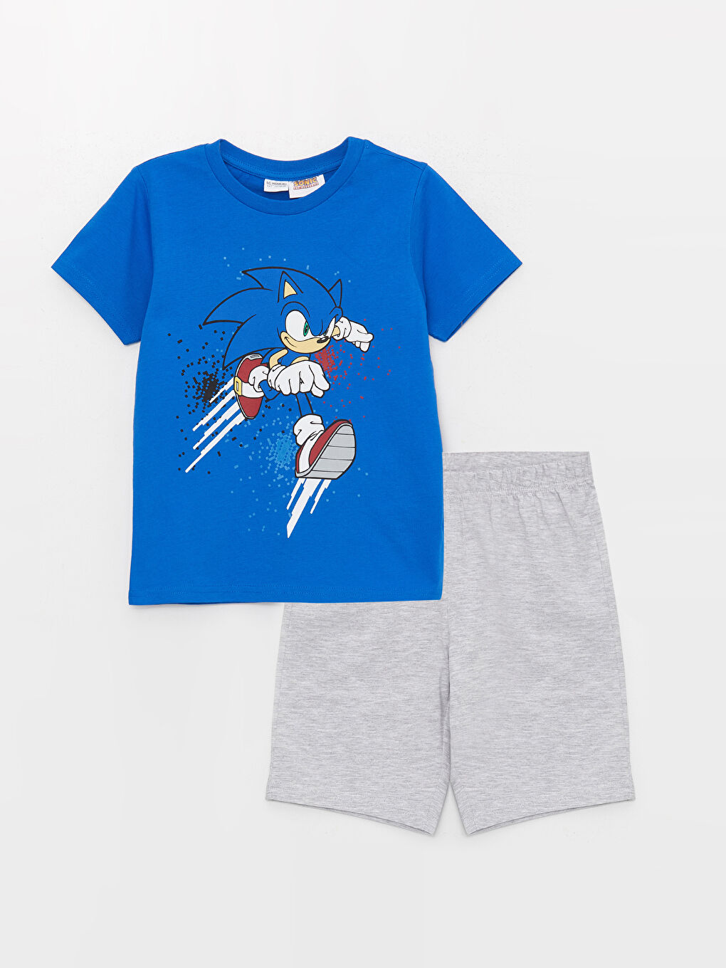 Mavi Bisiklet Yaka Sonic Baskılı Kısa Kollu Erkek Çocuk Şortlu Pijama Takımı