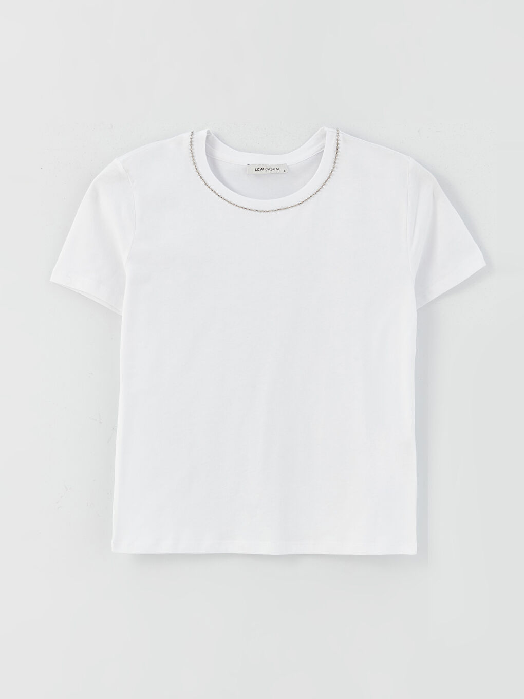 Beyaz Bisiklet Yaka Düz Kısa Kollu Kadın Tişört-5