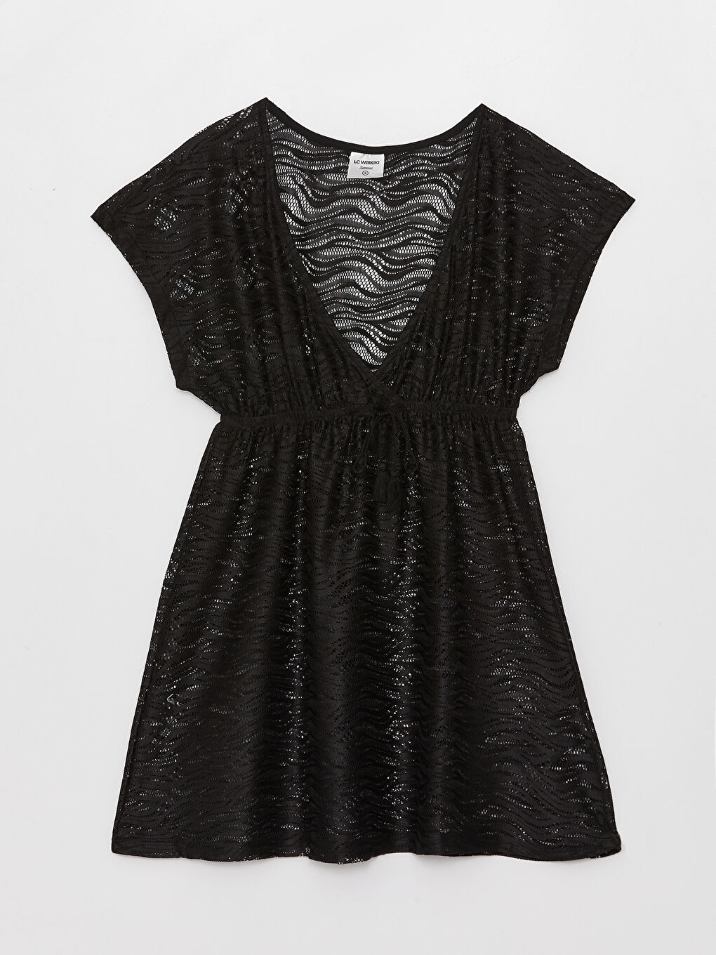 Siyah V Yaka Dantelli Kısa Kollu Kadın Plaj Elbisesi