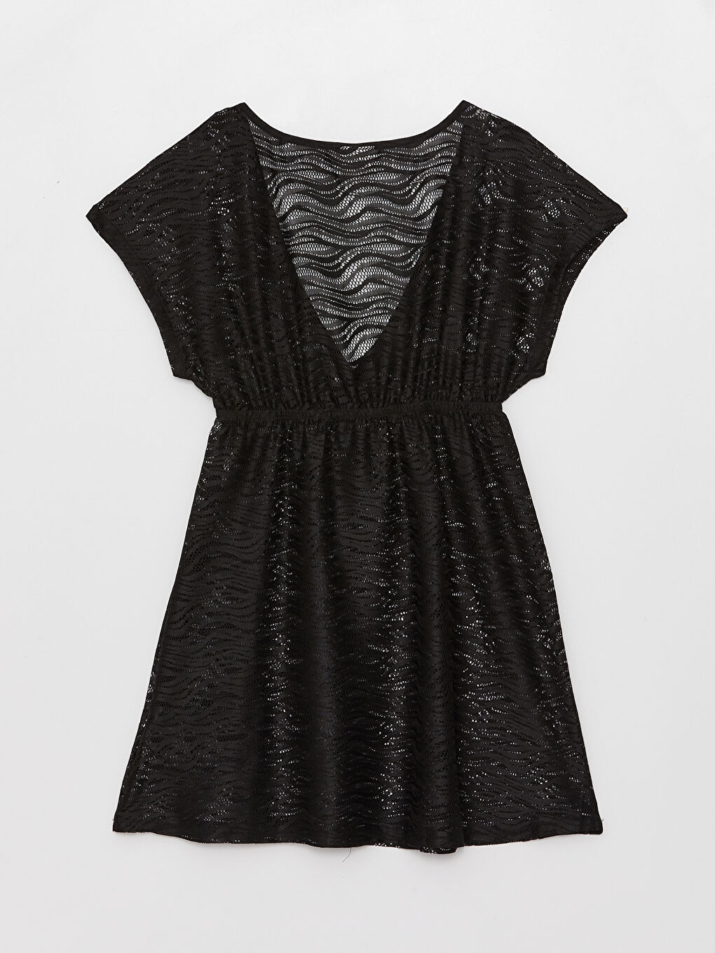 Siyah V Yaka Dantelli Kısa Kollu Kadın Plaj Elbisesi-1