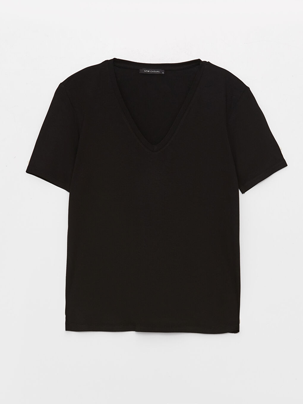 Siyah V Yaka Düz Kısa Kollu Kadın Tişört-5