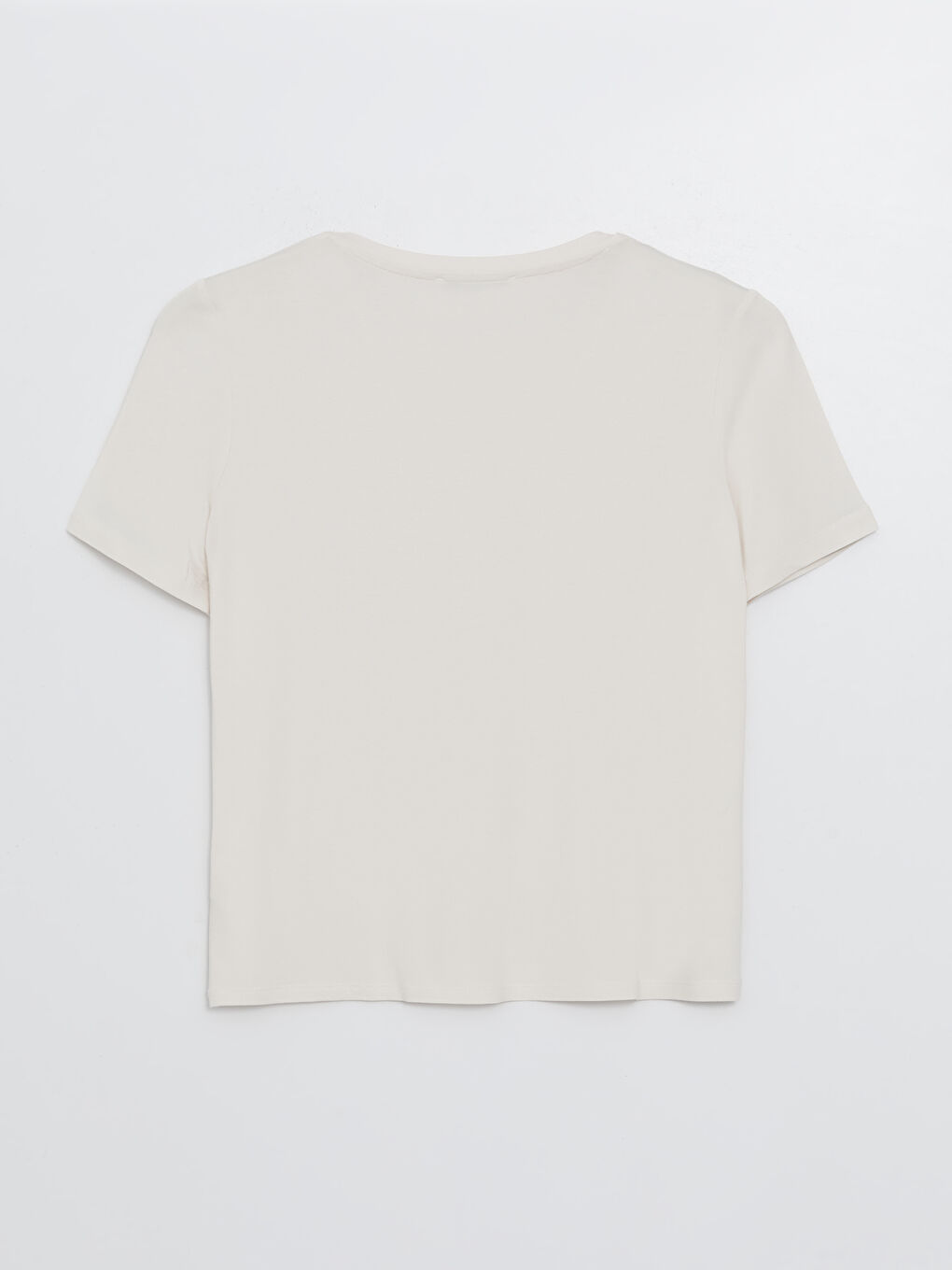 Ekru V Yaka Düz Kısa Kollu Kadın Tişört-6