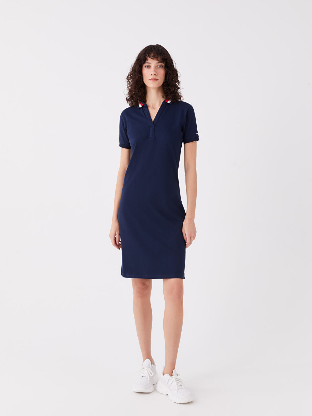 Lacivert Polo Yaka Düz Kısa Kollu Kadın Elbise