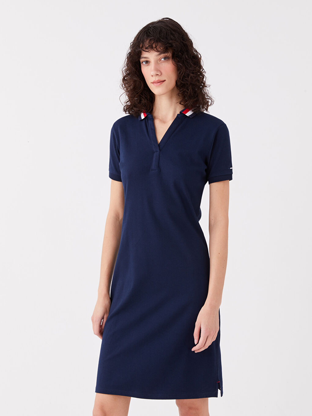 Lacivert Polo Yaka Düz Kısa Kollu Kadın Elbise-1