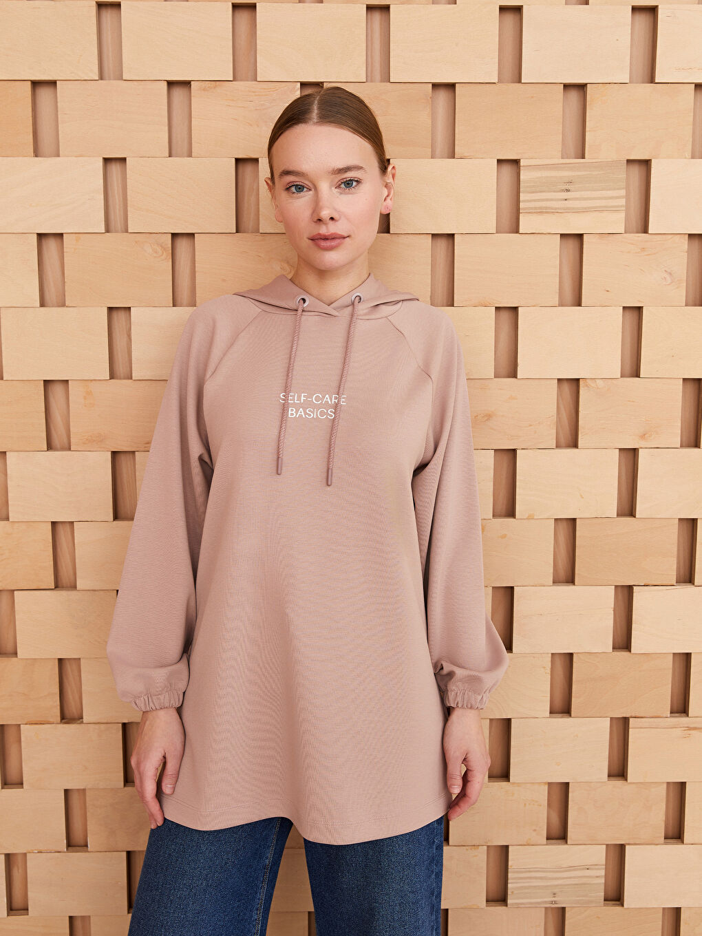 Pembe  Kapüşonlu Baskılı Uzun Kollu Kadın Tunik-1