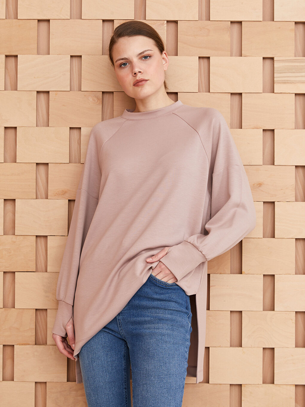 Pembe Bisiklet Yaka Düz Uzun Kollu Oversize Kadın Tunik