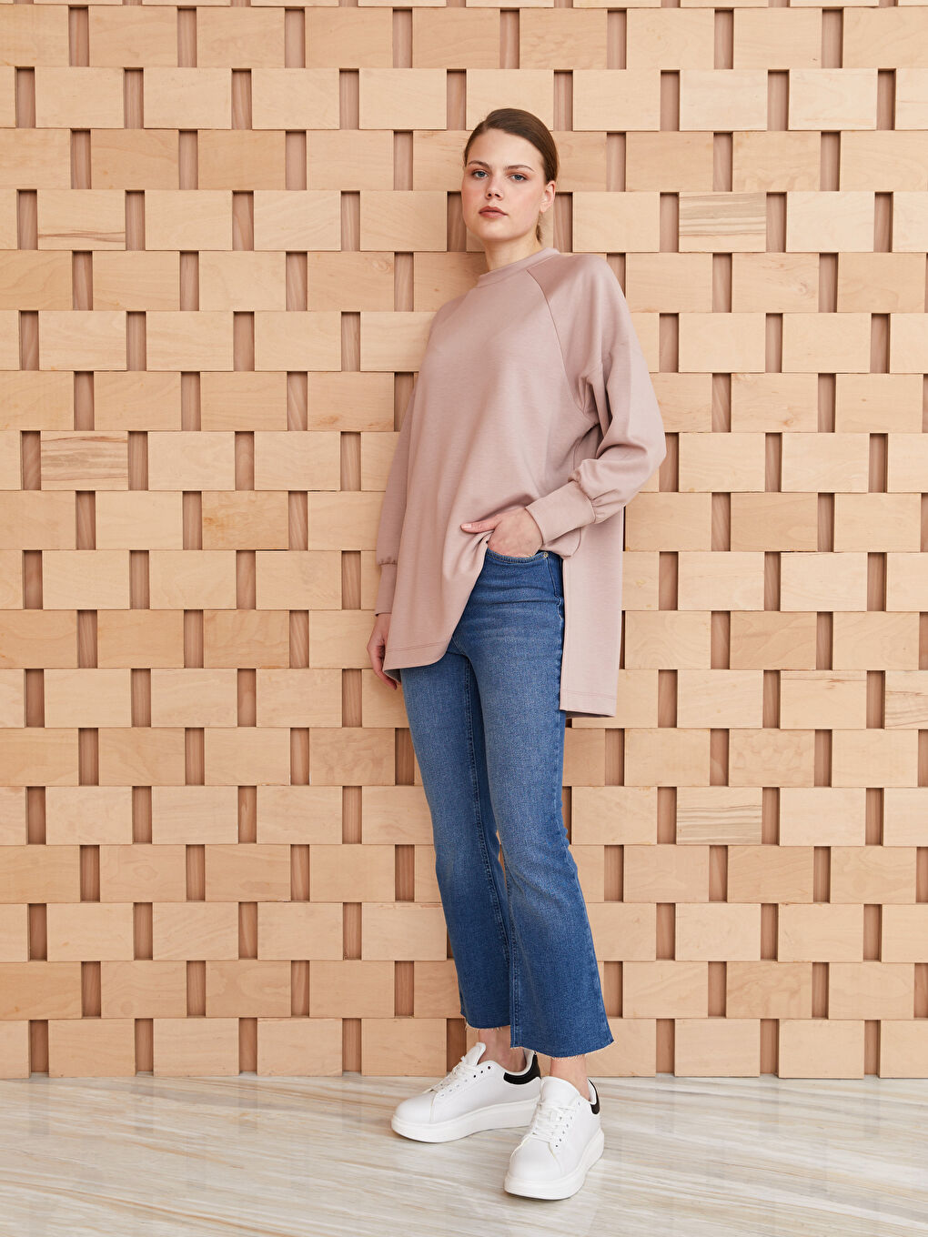 Pembe Bisiklet Yaka Düz Uzun Kollu Oversize Kadın Tunik-2