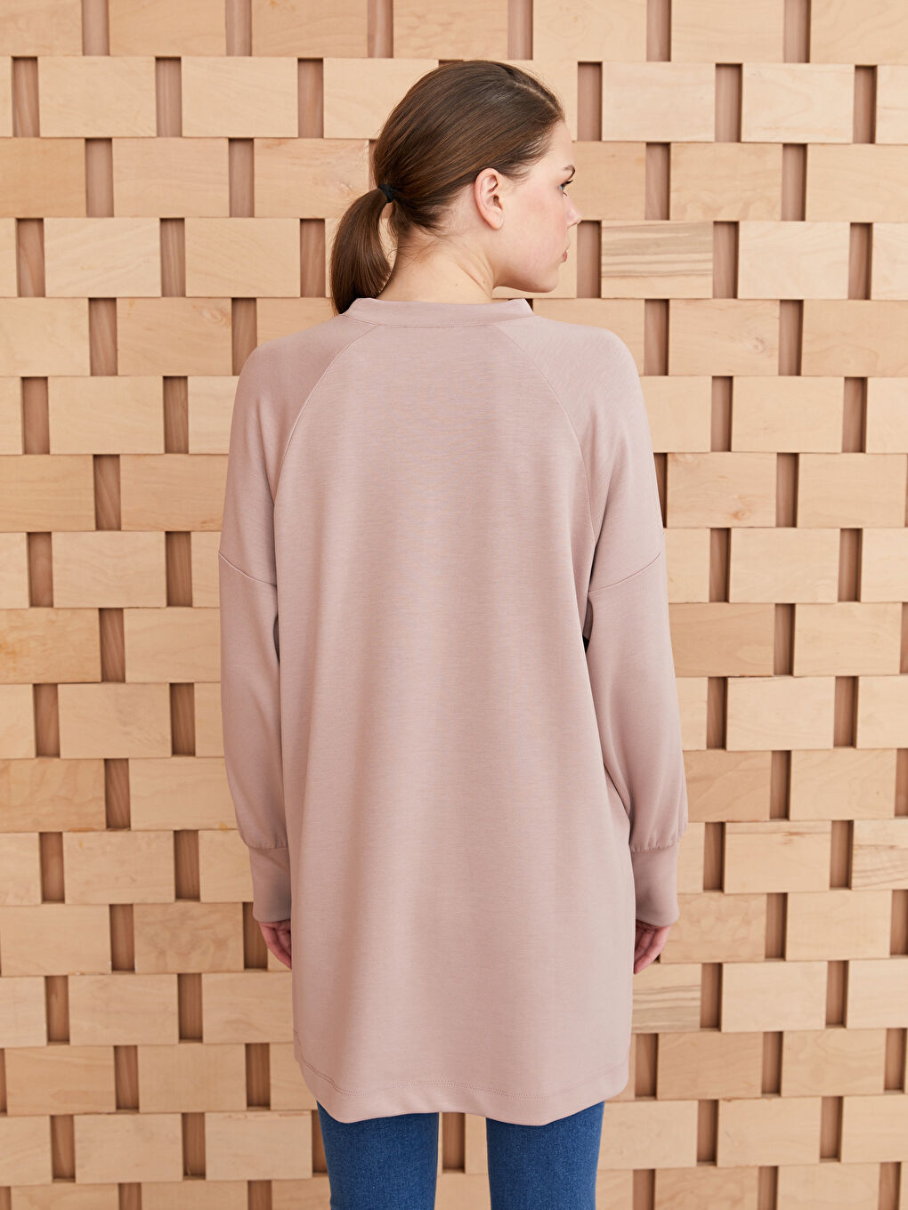 Pembe Bisiklet Yaka Düz Uzun Kollu Oversize Kadın Tunik-4