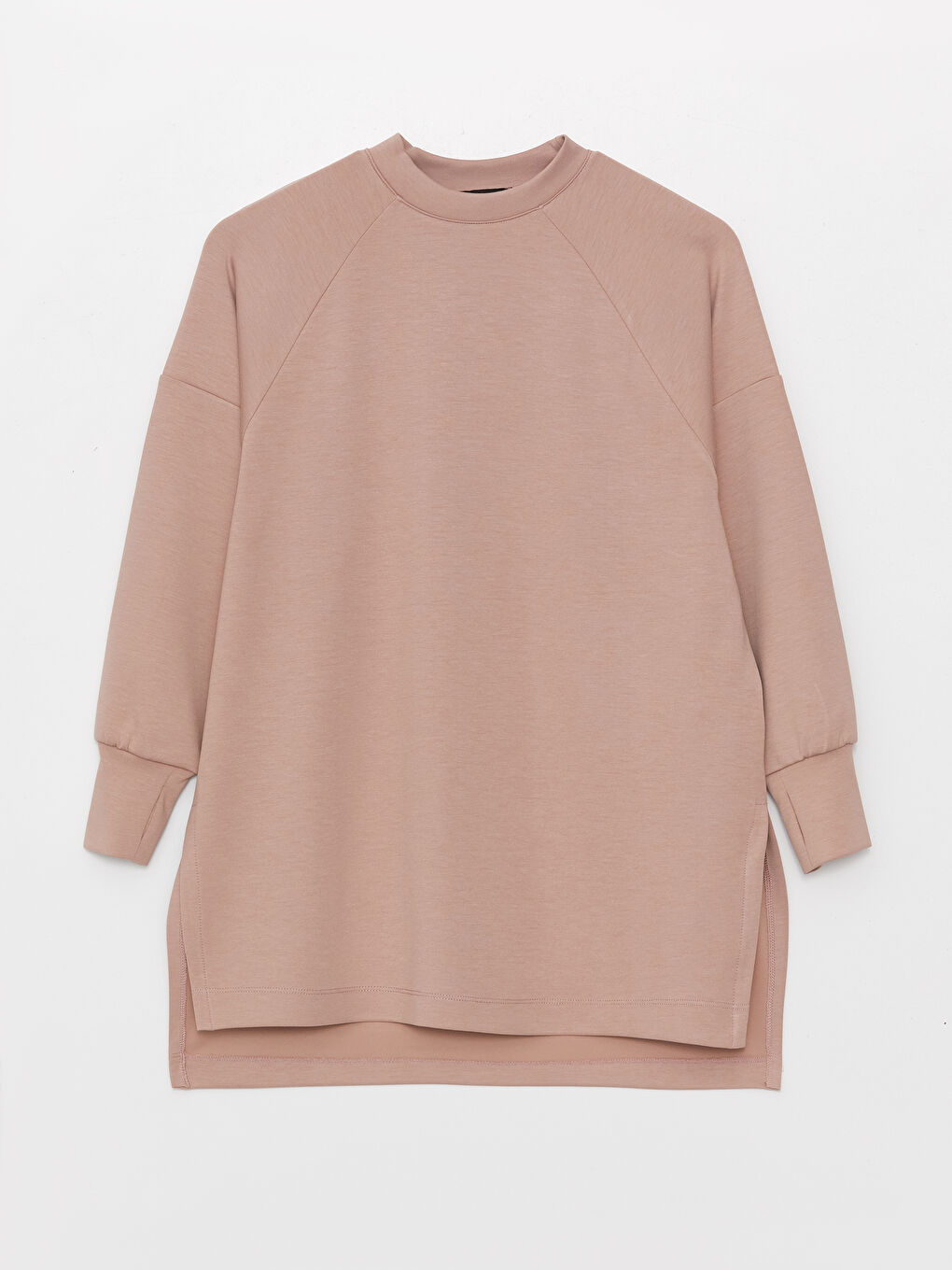 Pembe Bisiklet Yaka Düz Uzun Kollu Oversize Kadın Tunik-5