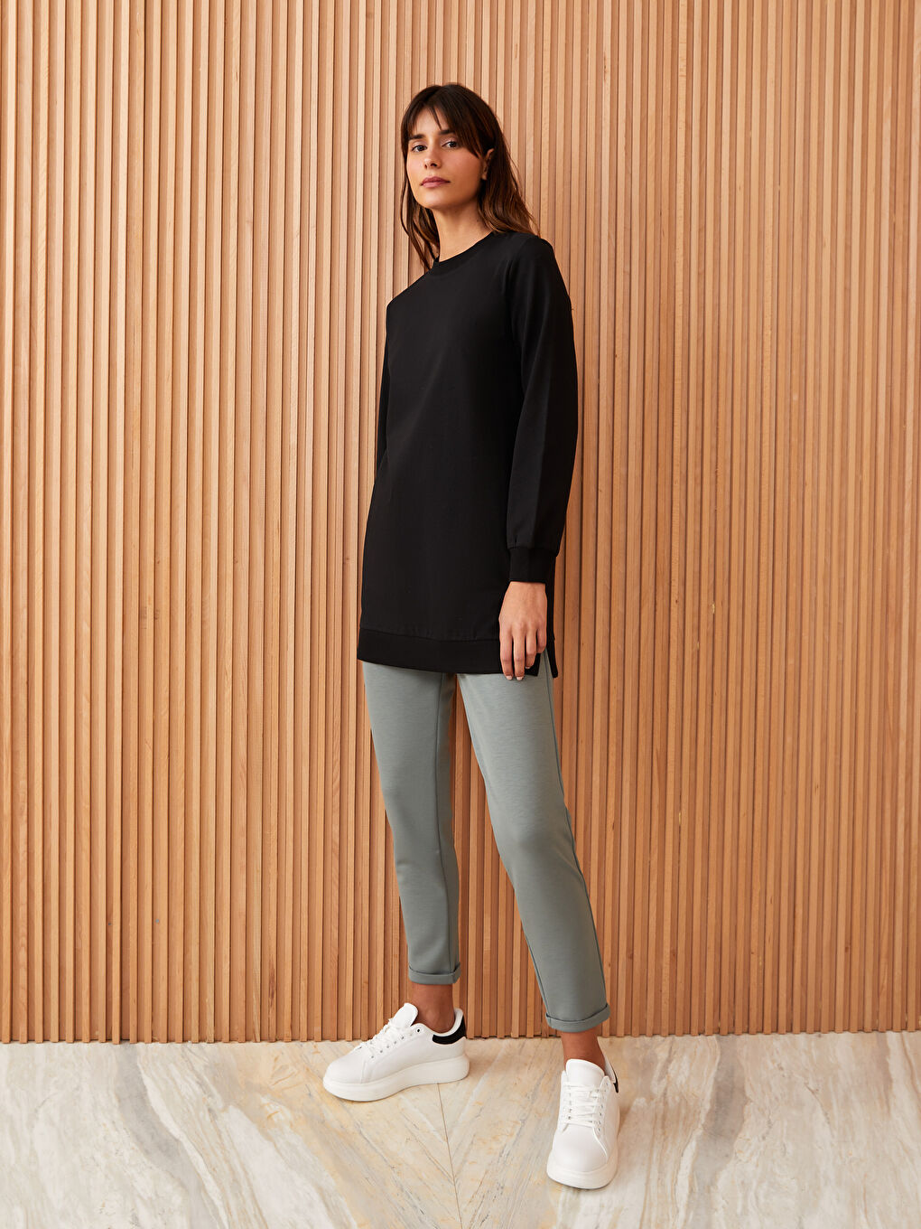 بنطلون رياضي سادة إنترلوك خصر مرن للسيدات-1