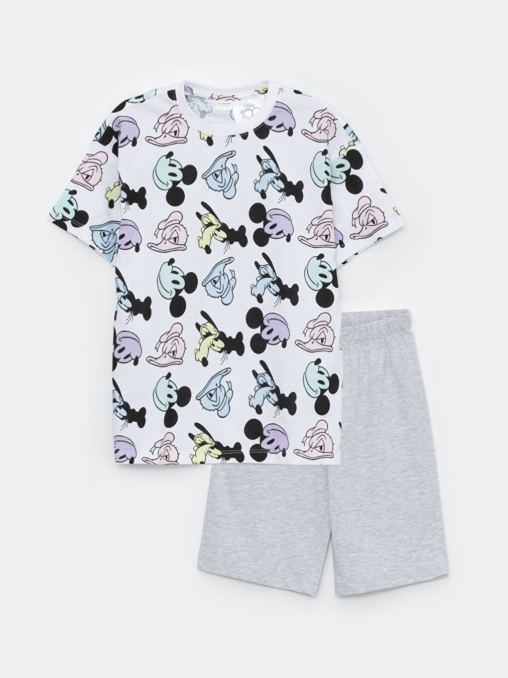 Beyaz Bisiklet Yaka Mickey Mouse Baskılı Kısa Kollu Erkek Çocuk Şortlu Pijama Takımı