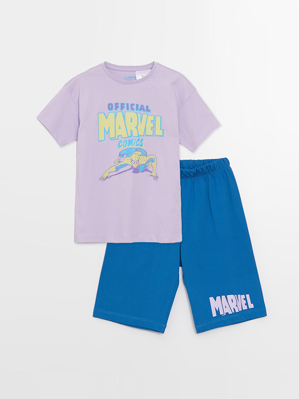 Lila Bisiklet Yaka Marvel Baskılı Kısa Kollu Erkek Çocuk Şortlu Pijama Takımı