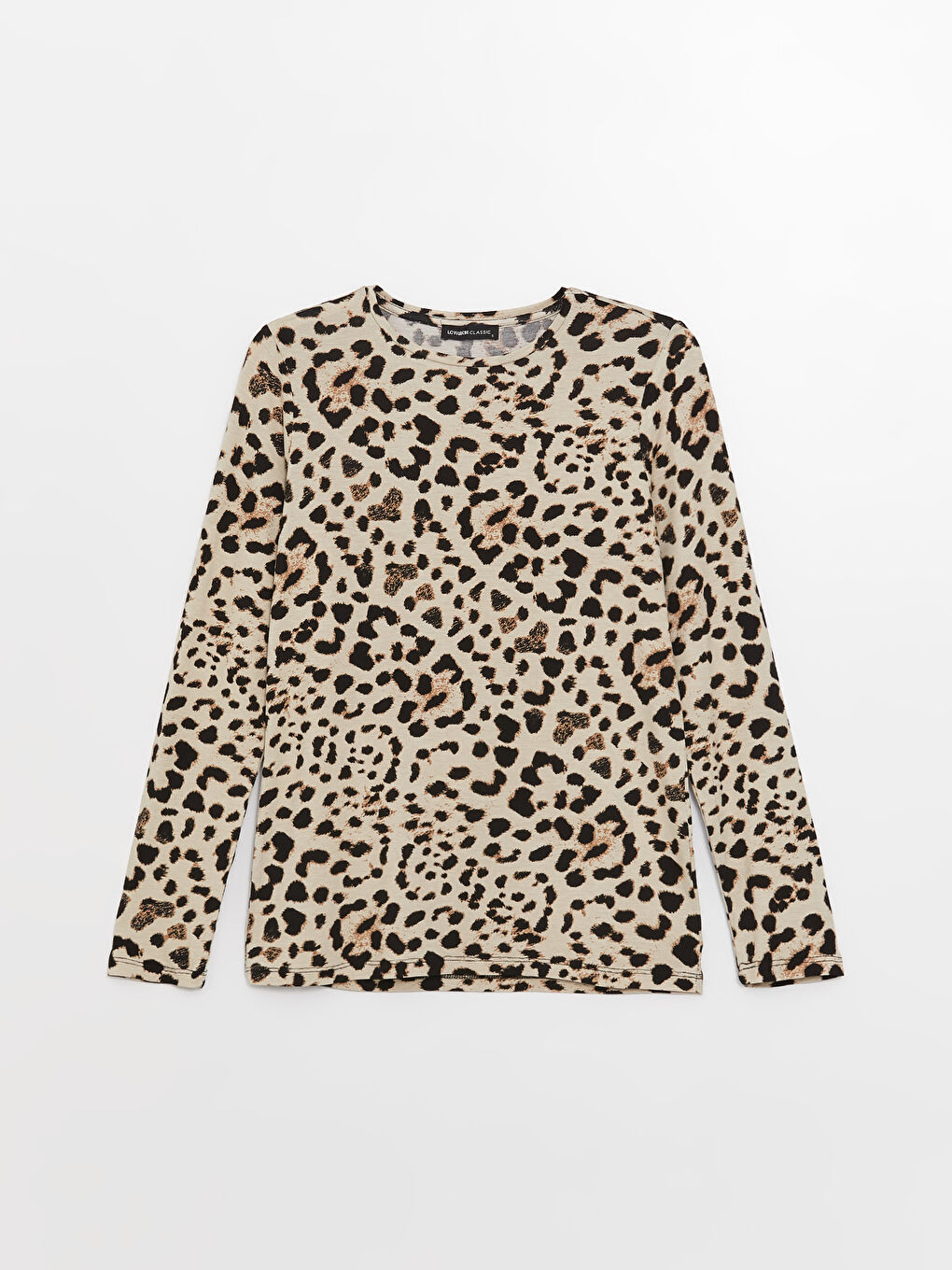 Bej Bisiklet Yaka Desenli Uzun Kollu Kadın Tişört-5