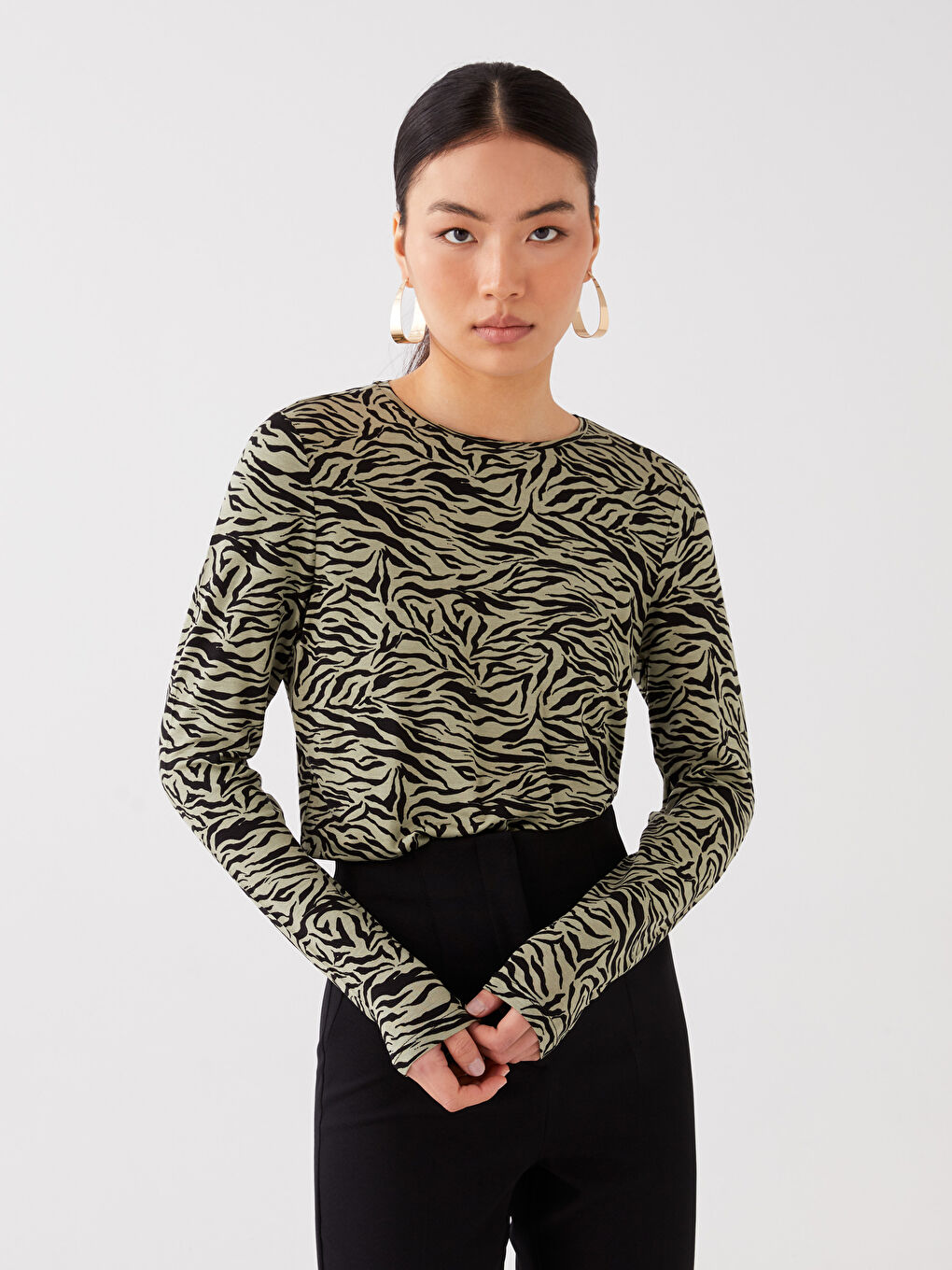 Tricou cu Mânecă Lungă și Model, Guler Rotund, pentru Femei