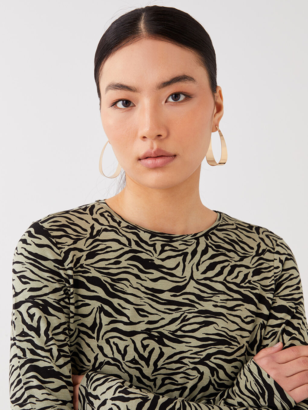 Tricou cu Mânecă Lungă și Model, Guler Rotund, pentru Femei-2