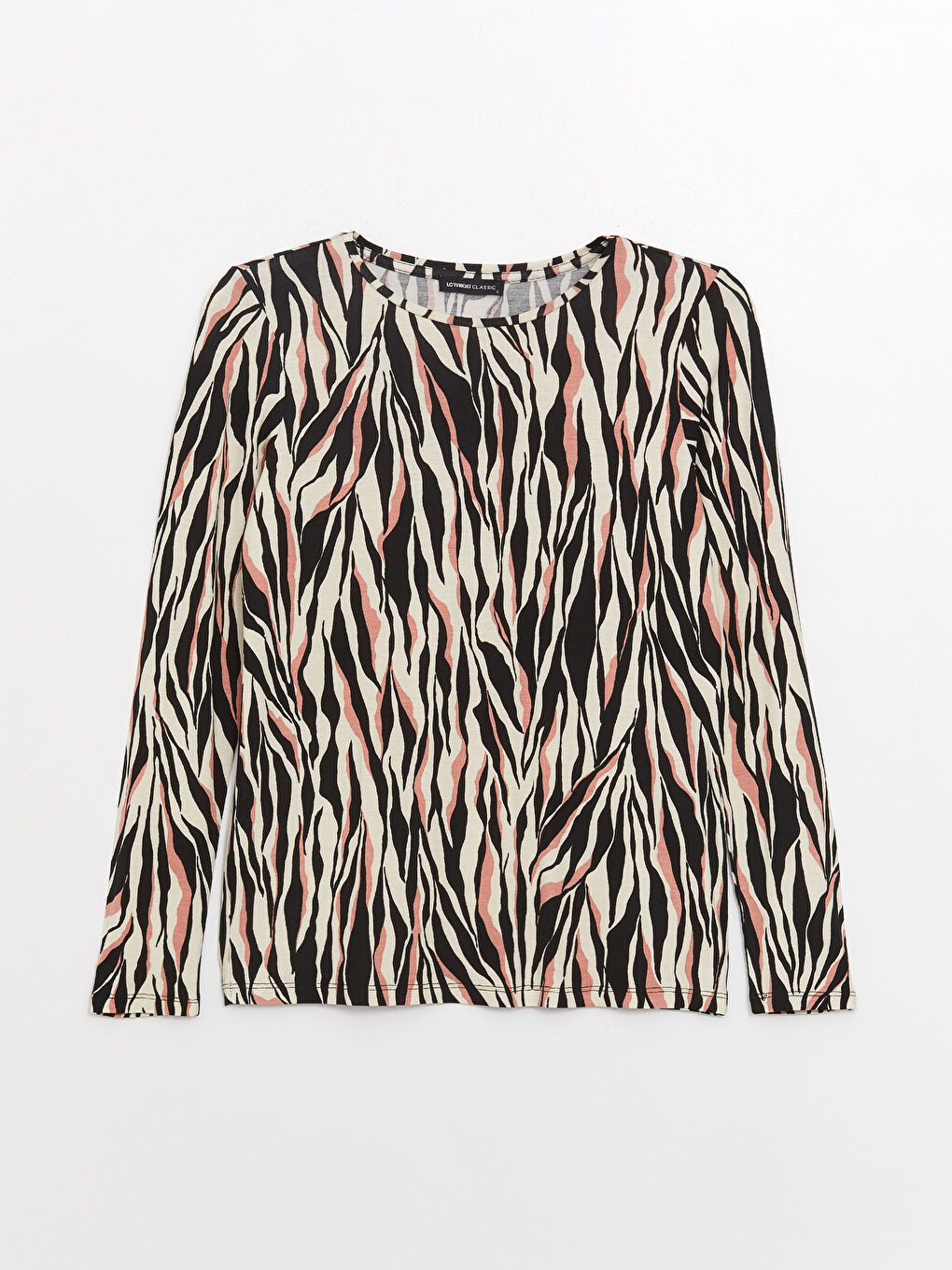 Pembe Bisiklet Yaka Desenli Uzun Kollu Kadın Tişört-5