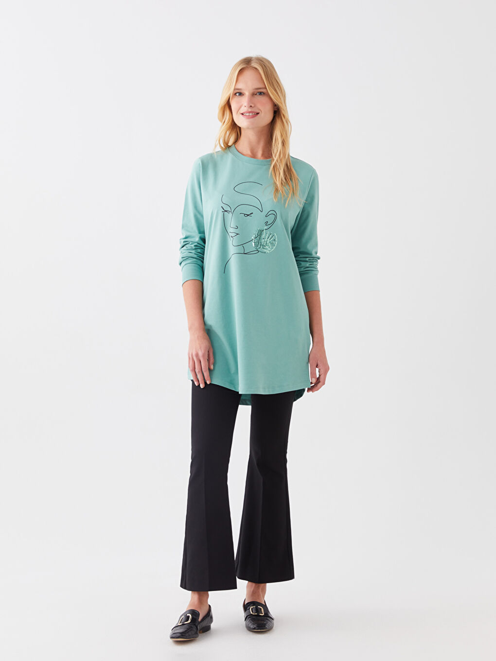 Yeşil Bisiklet Yaka Baskılı Uzun Kollu Kadın Sweatshirt Tunik-2