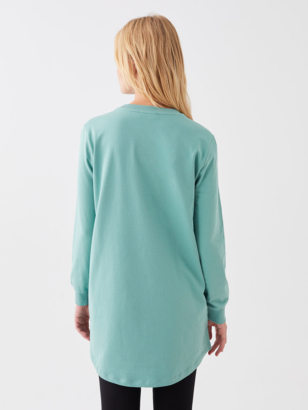 Yeşil Bisiklet Yaka Baskılı Uzun Kollu Kadın Sweatshirt Tunik-4