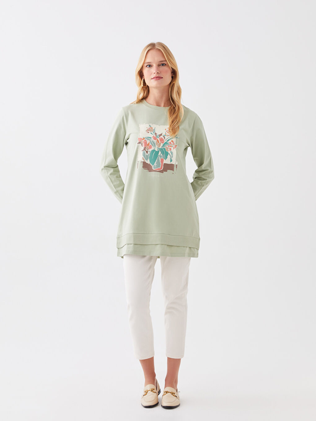 تونيك كم طويل مطبوع بياقة دائرية للسيدات-2